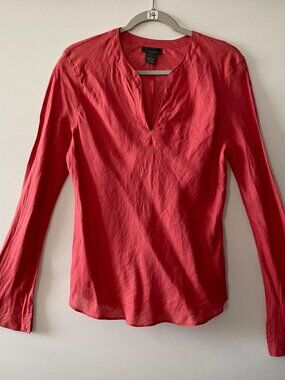 Banana Republic Womens Red Split Neck Long Sleeve Linen Blouse Top Size Large